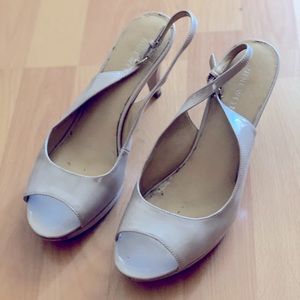 Sling Back, Nude Patent Leather Peep Toe Heel